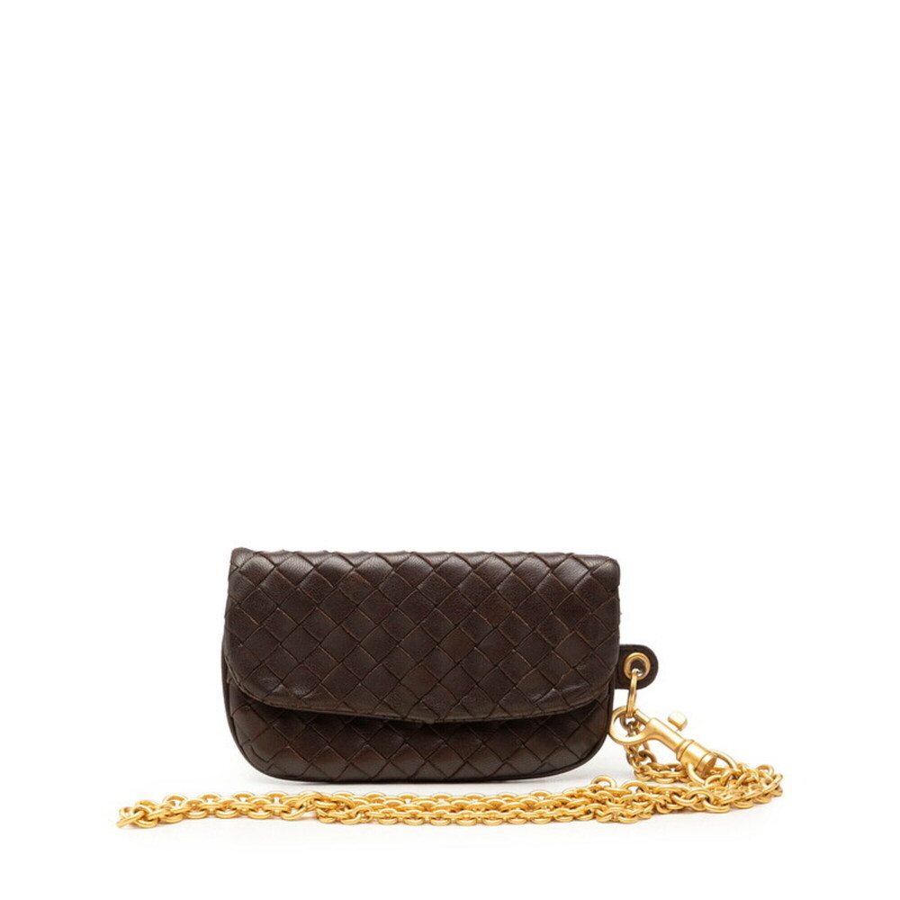 Bottega Veneta Intrecciato Chain Wallet, Coin Purse, Brown Leather, Women's.
